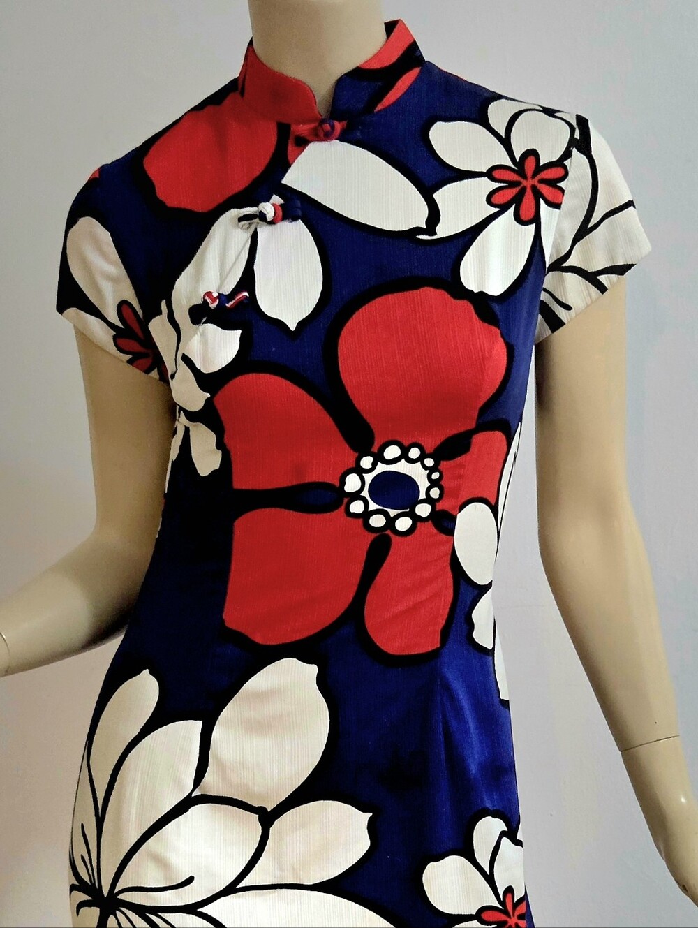 Vtg  60-70s Sun Fashion Hawaii Maxi Bold Floral Dress Cheongsam Look